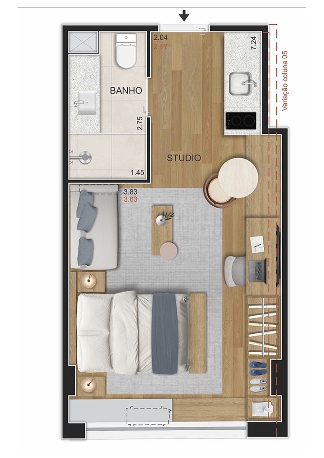 Planta de studio compacto do Se7e Full Week Studios entre 26 e 28 metros quadrados